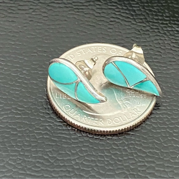 Vintage STR.SII Sterling Silver Turquoise Inlay Comma Teardrop Post Earrings - Picture 6 of 12